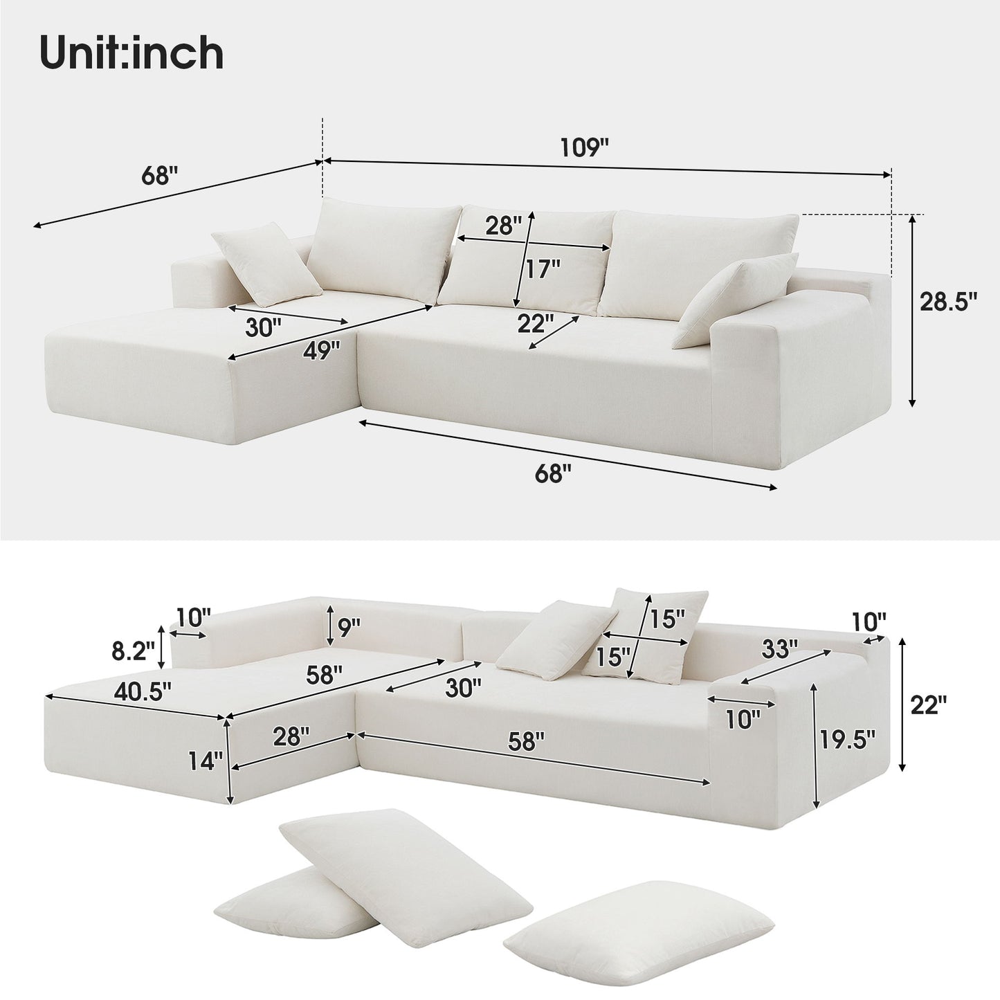 Modular Sectional Living Room Sofa Set, Modern Minimalist Style Couch, Upholstered Sleeper Sofa For Living Room, Bedroom, Salon, 2 Piece Free Combination, L-Shape