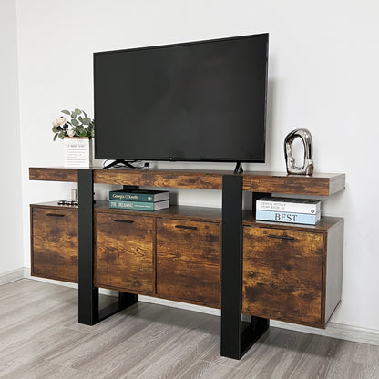 Modern TV Stand With Storage Cabinets For 75" TV, Wood TV Entertainment Center TV Media Console Table With Metal Leg For Living Room - Brown