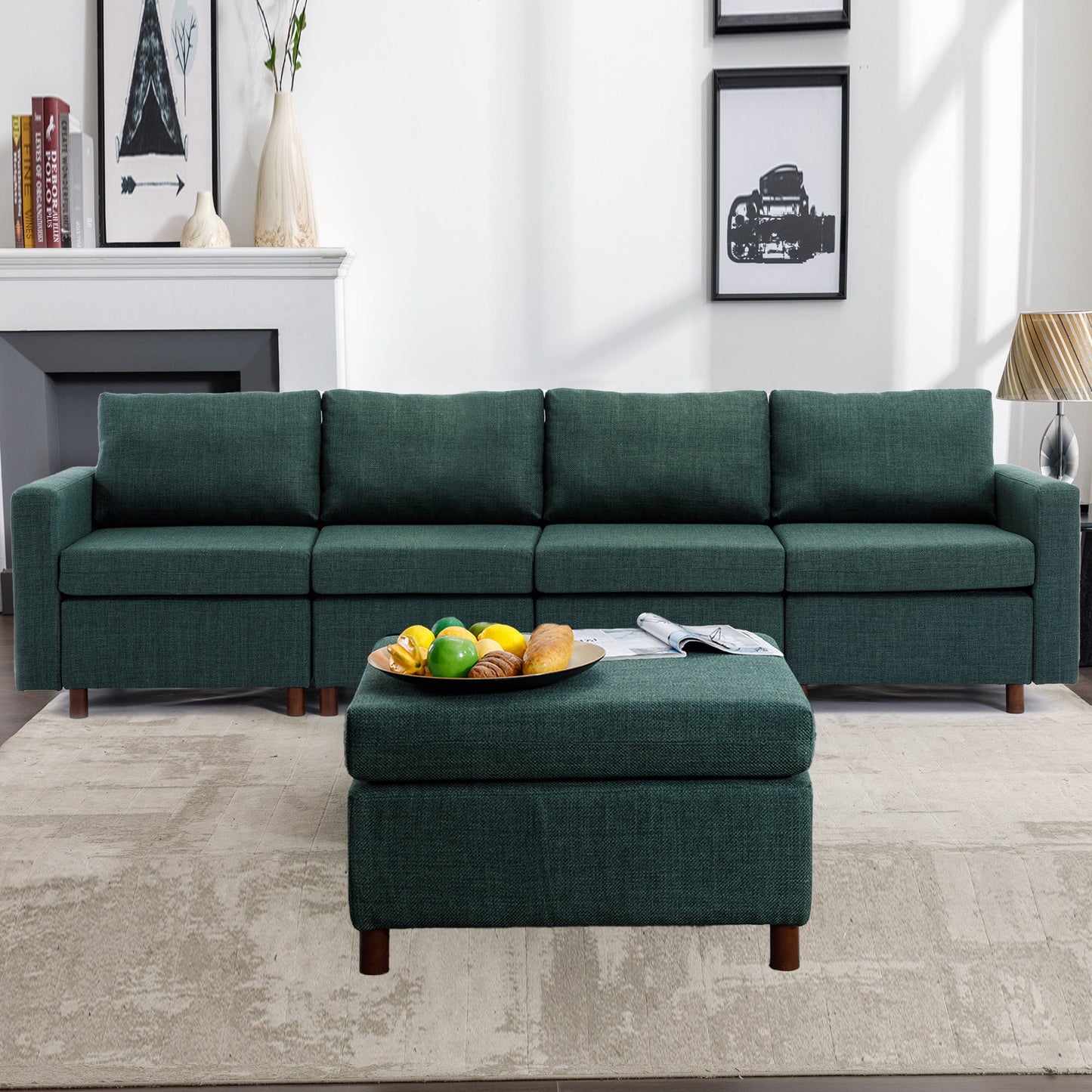 4 Seat Module Sectional Sofa Couch With 1 Ottoman For Living Room, Seat Cushion And Back Cushion Non-Removable And Non-Washable