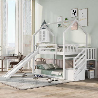 Twin Over Twin House Bunk Bed With Convertible Slide, Storage Staircase