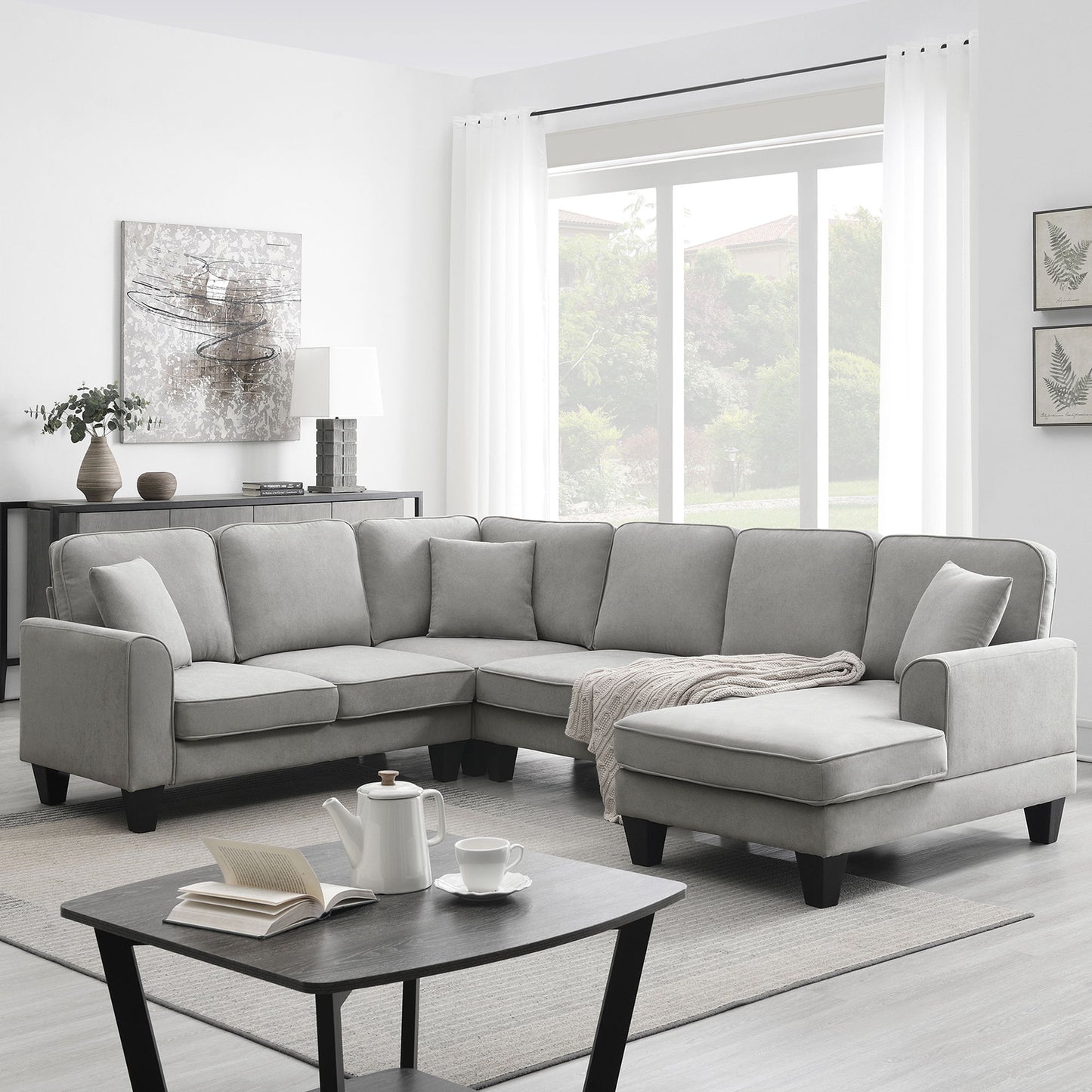 Modern U Shape Sectional Sofa, 7 Seat Fabric Sectional Sofa Set With 3 Pillows Included For Living Room, Apartment, Office