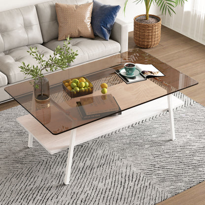 Rectangle Coffee Table, Tempered Glass Tabletop With Metal Legs, Modern Table For Living Room - Brown