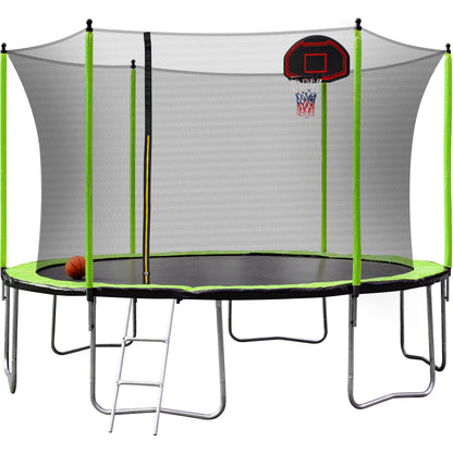 14Ft Trampoline With Basketball Hoop Inflator And Ladder (Inner Safety Enclosure) - Green