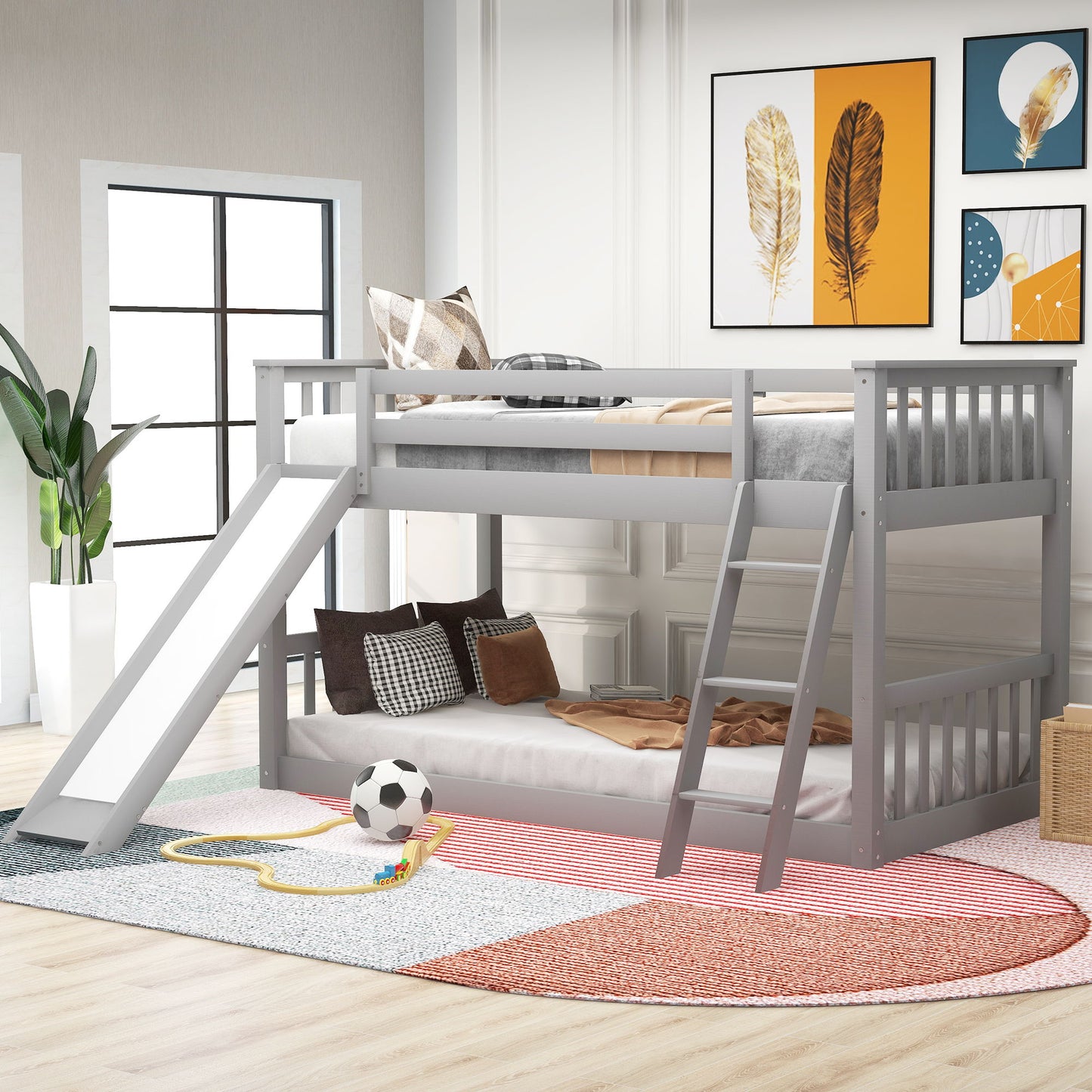 Twin Over Twin Bunk Bed With Convertible Slide And Ladder - Gray