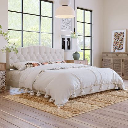 King Upholstered Platform Bed With Saddle Curved Headboard And Diamond Tufted Details - Beige