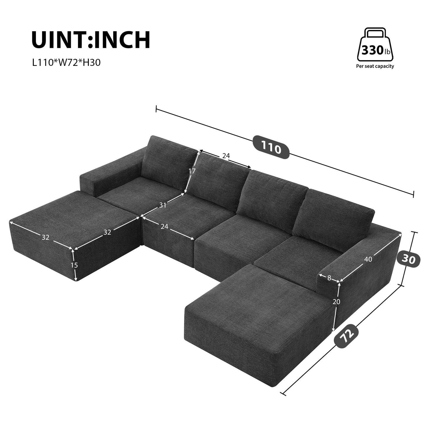 Modular U-Shaped Sectional Sofa, Luxury Chenille Floor Couch Set, Upholstered Indoor Furniture, Foam - Filled Sleeper Sofa Bed For Living Room, Bedroom, Free Combination