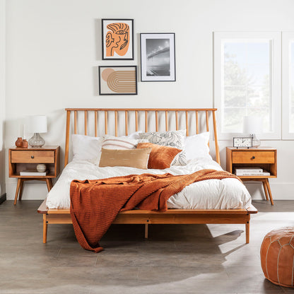 Mid-Century Modern Solid Wood Platform Bed Frame With Spindle Headboard