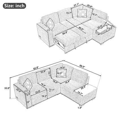 Sectional Pull-Out Sofa Bed L-Shaped Corner Sofa Couch With Storage Chaise, USB Ports, Power Sockets, Cup Holder For Living Room, Bedroom, Study