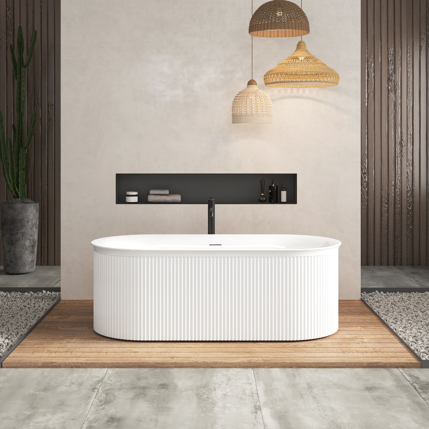 Acrylic Freestanding Bathtub-Acrylic Soaking Tubs, Fluted Style Freestanding Bathtub With Integrated Slotted Overflow And Brushed Nickel Toe-Tap Drain, 02149-Bn - Glossy White