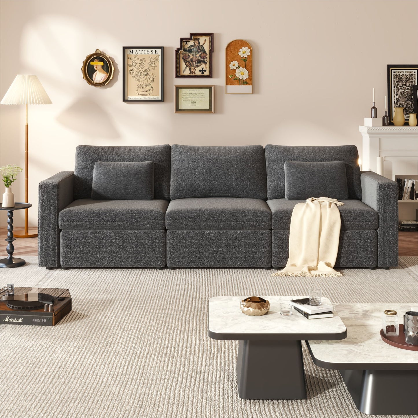 3 Seats Modern Cotton Linen L-Shape Sectional Sofa, Oversized Upholstery Sectional Sofa, Chaise Couch With Storage Ottomans For Living Room / Loft / Apartment / Office