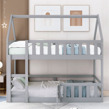 Twin Over Twin House Bunk Bed With Fence And Door - Gray