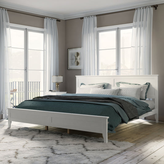 King Platform Bed Modern Solid Wood - White