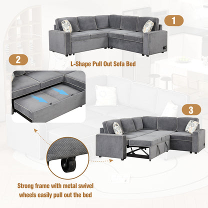 L-Shaped Pull Out Sofa Bed Modern Convertible Sleeper Sofa With 2 USB Ports, 2 Power Sockets And 3 Pillows For Living Room