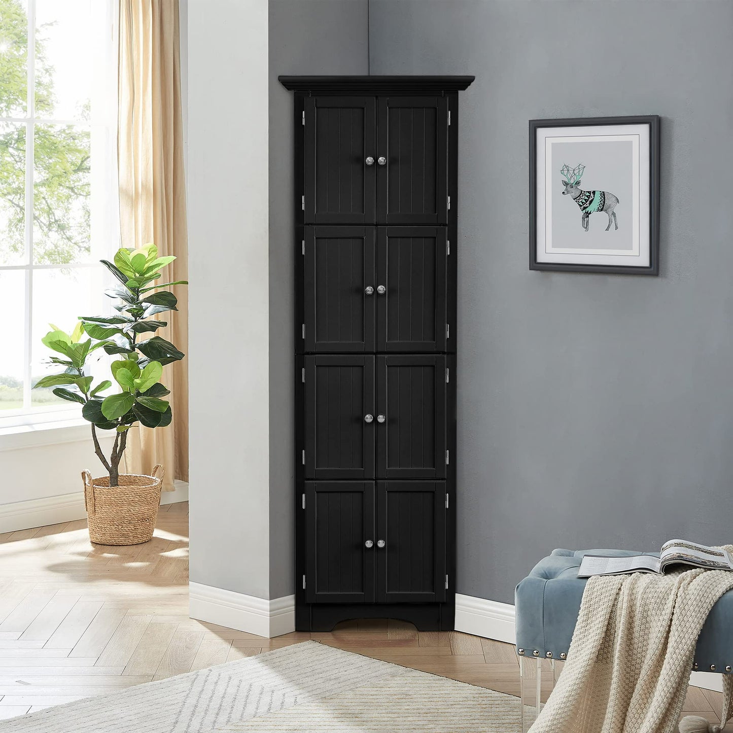 Tall Storage Cabinet With Doors And 4 Shelves For Living Room, Kitchen, Office, Bedroom, Bathroom, Modern