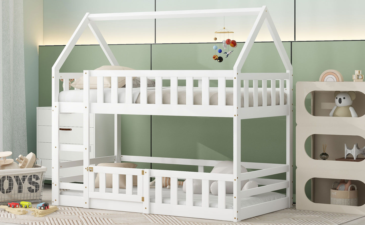 Twin Over Twin House Bunk Bed With Fence And Door - Gray