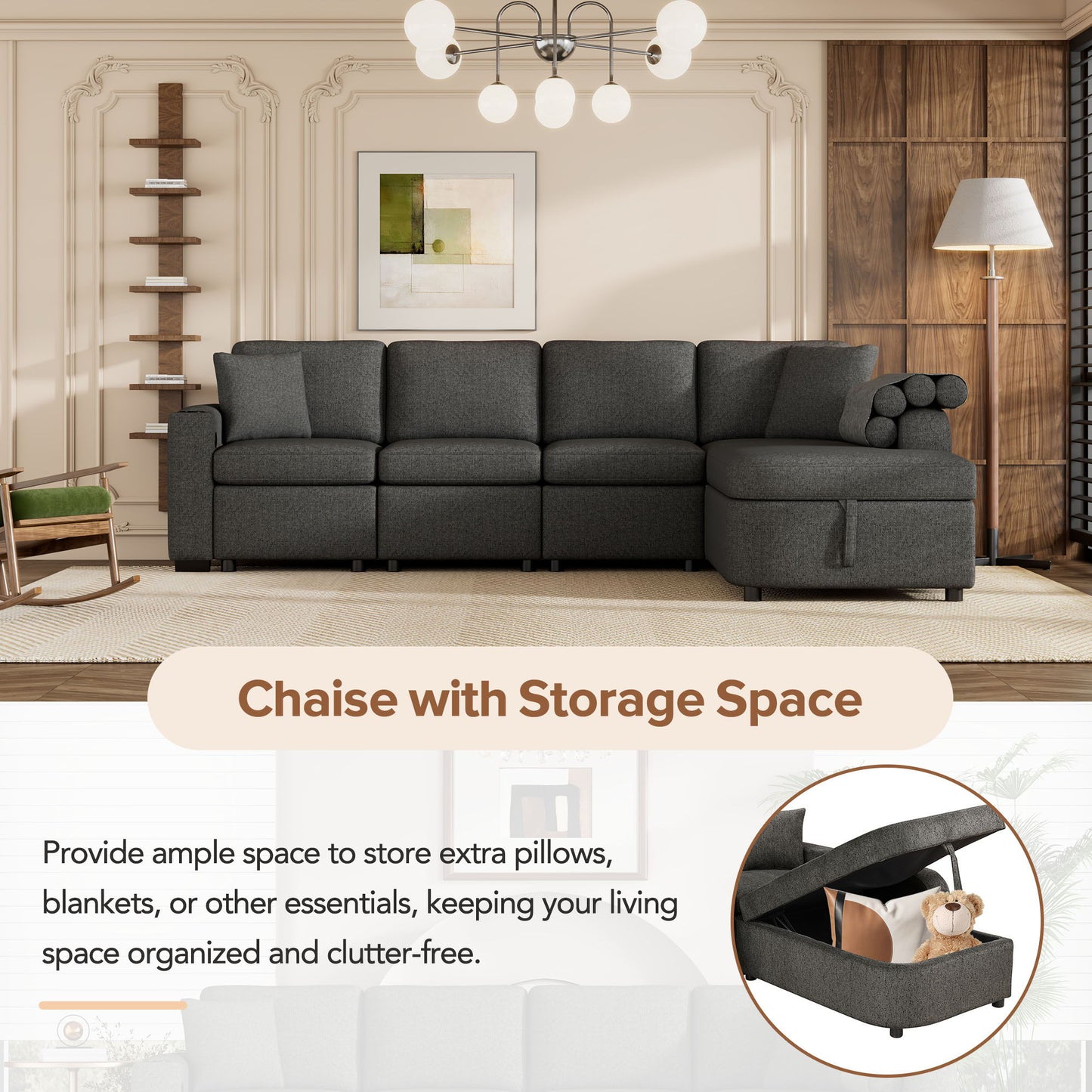 L-Shaped Couch Sectional Sofa With Storage Chaise, Cup Holder And USB Ports For Living Room