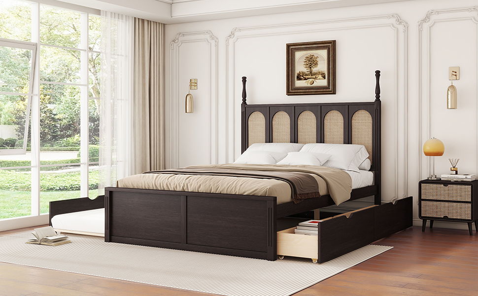 Rattan Platform Bed With With 2 Big Drawers With Trundle