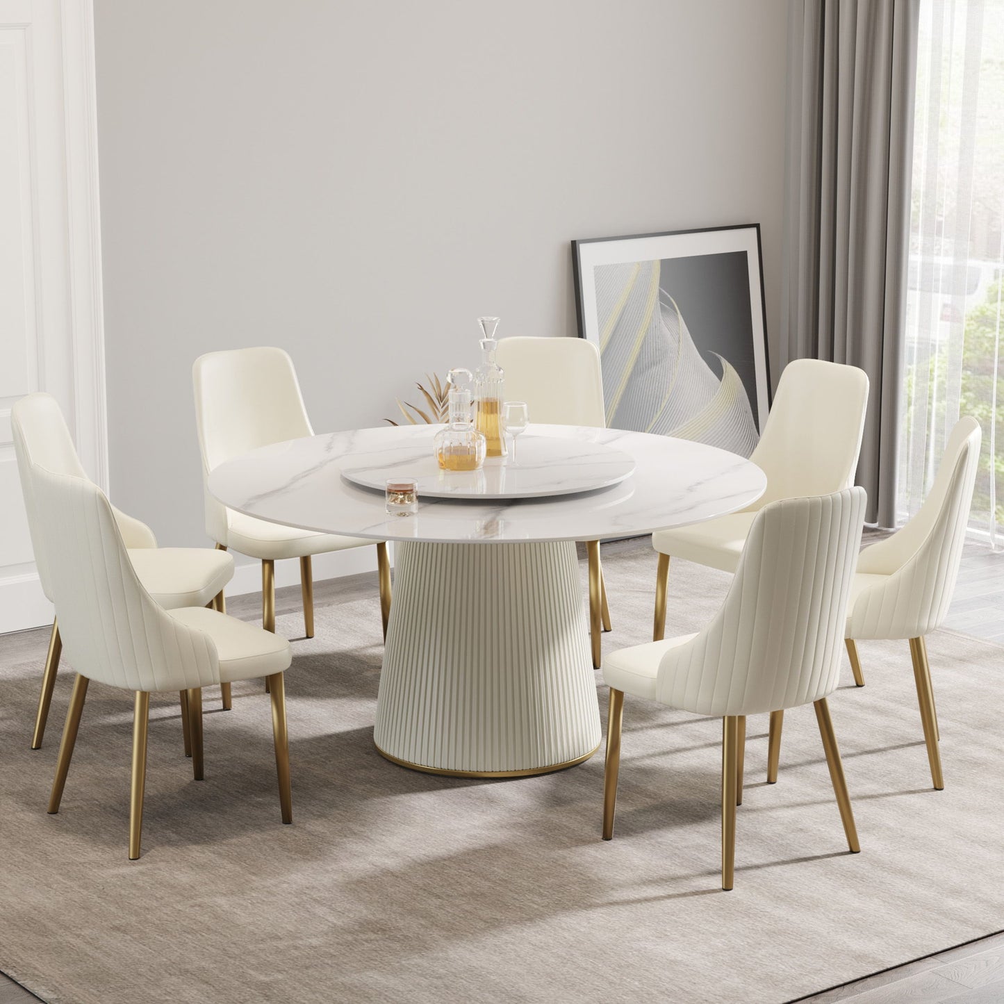 Modern Artificial Stone Round Plywood PU Base Dining Table, Can Accommodate 8 People, Artificial Stone Turntable (Not Including Chairs) - White / Beige