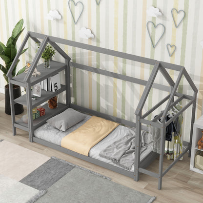 Wood House Bed With Storage Shelf And Hanger, Kids Bedroom Set