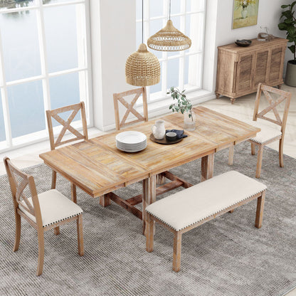 Topmax - 6 Piece Farmhouse Extendable Dining Table With Footrest, 4 Upholstered Dining Chairs And Dining Bench, Two 11" Removable Leaf