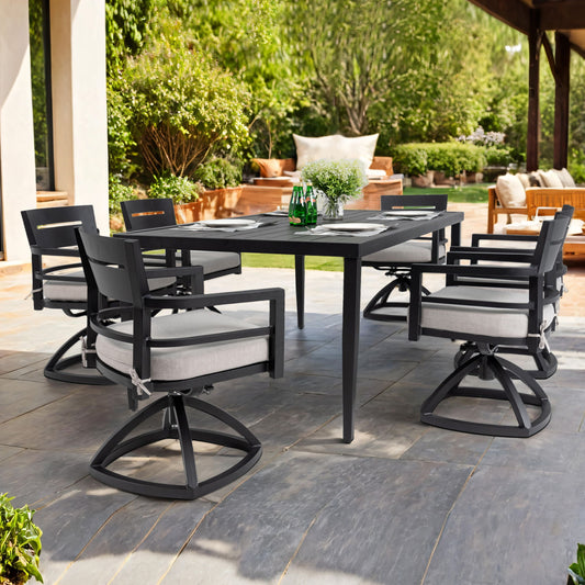 Outdoor Patio Aluminum Furniture, Modern Dining Set, Including 4 Swivel Rockers Sunbrella Cushioned And Square Dining Table With Umbrella Hole