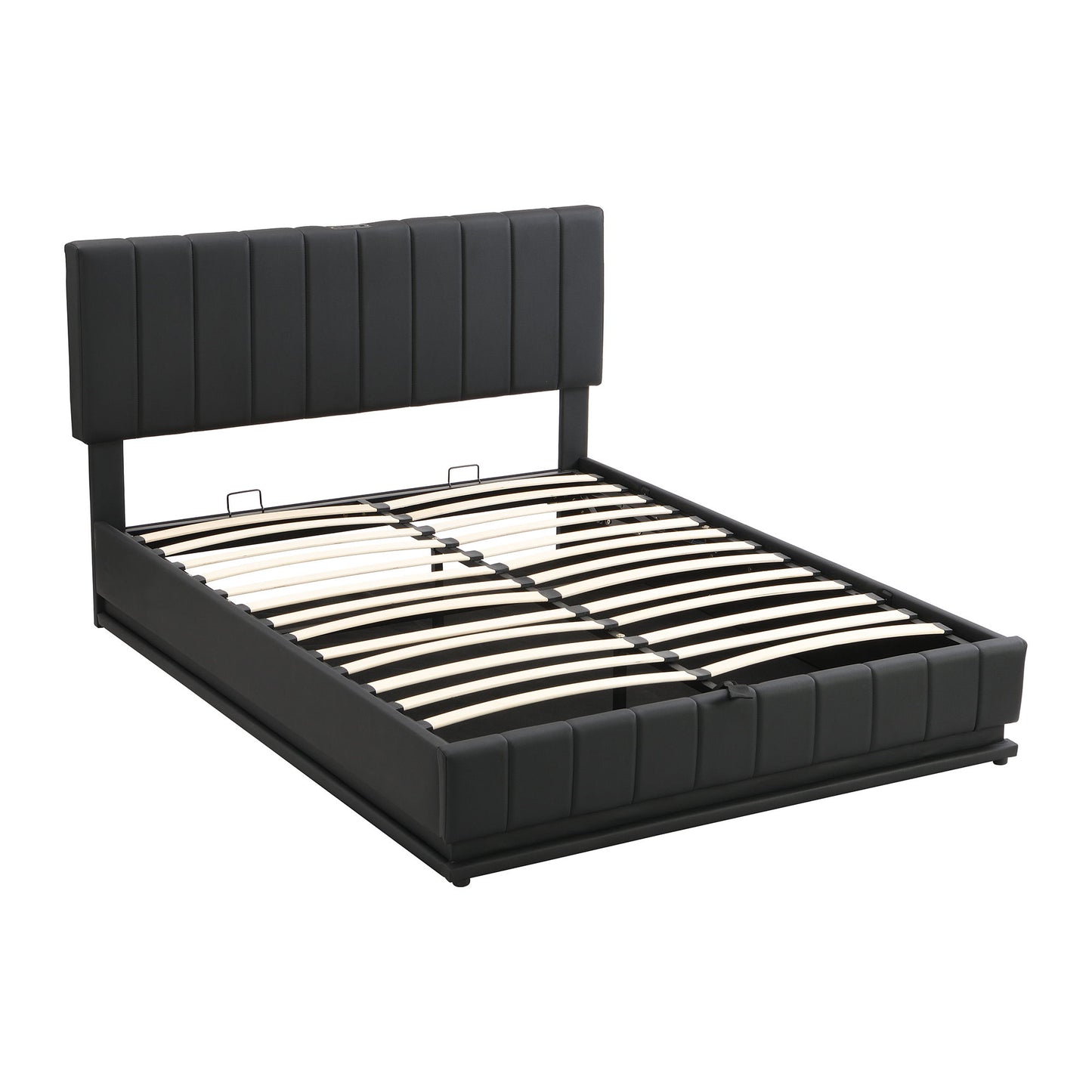 Queen Size Upholstered Bed With Hydraulic Storage System And LED Light, Modern Platform Bed With Sockets And USB Ports