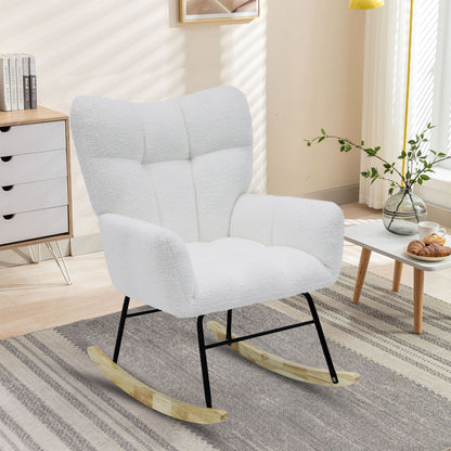 Modern Rocking Chair, Teddy Fabric Chair With High Backrest, Rocking Accent Chairs For Nursery, Living Room, Bedroom - White