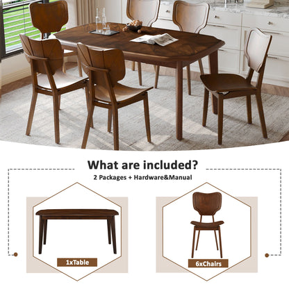 Topmax - 7 Piece Vintage Dining Table Set With 6 Dining Chairs, Kitchen Table Set For 6 With Curved Back And Seat