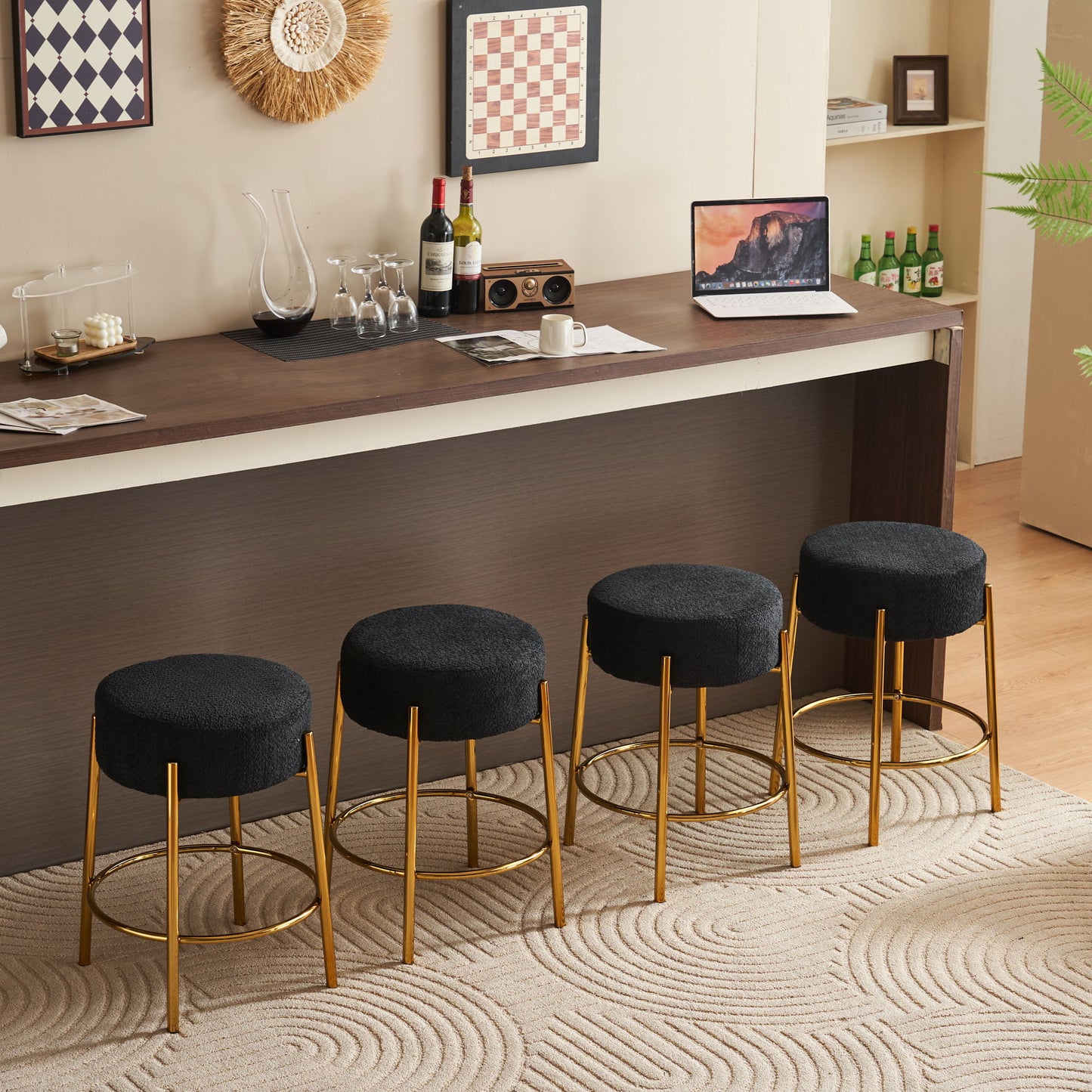 Round Bar Stools (Set of 2), Contemporary Upholstered Dining Stools For Kitchens, Coffee Shops And Bar Stores - Gold Legs