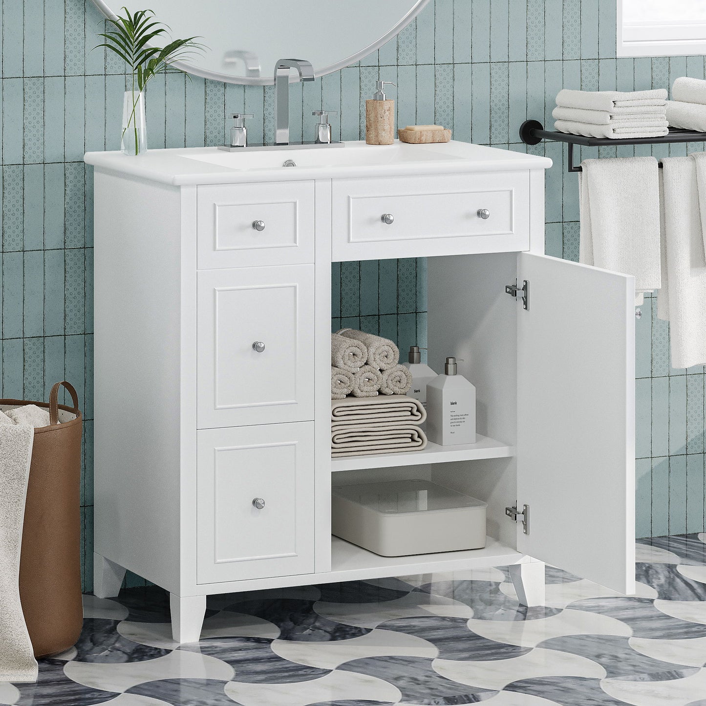 Bathroom Vanity Cabinet With Ceramic Basin, Double-Layer Drawer, Deep Drawer And Adjustable Shelf