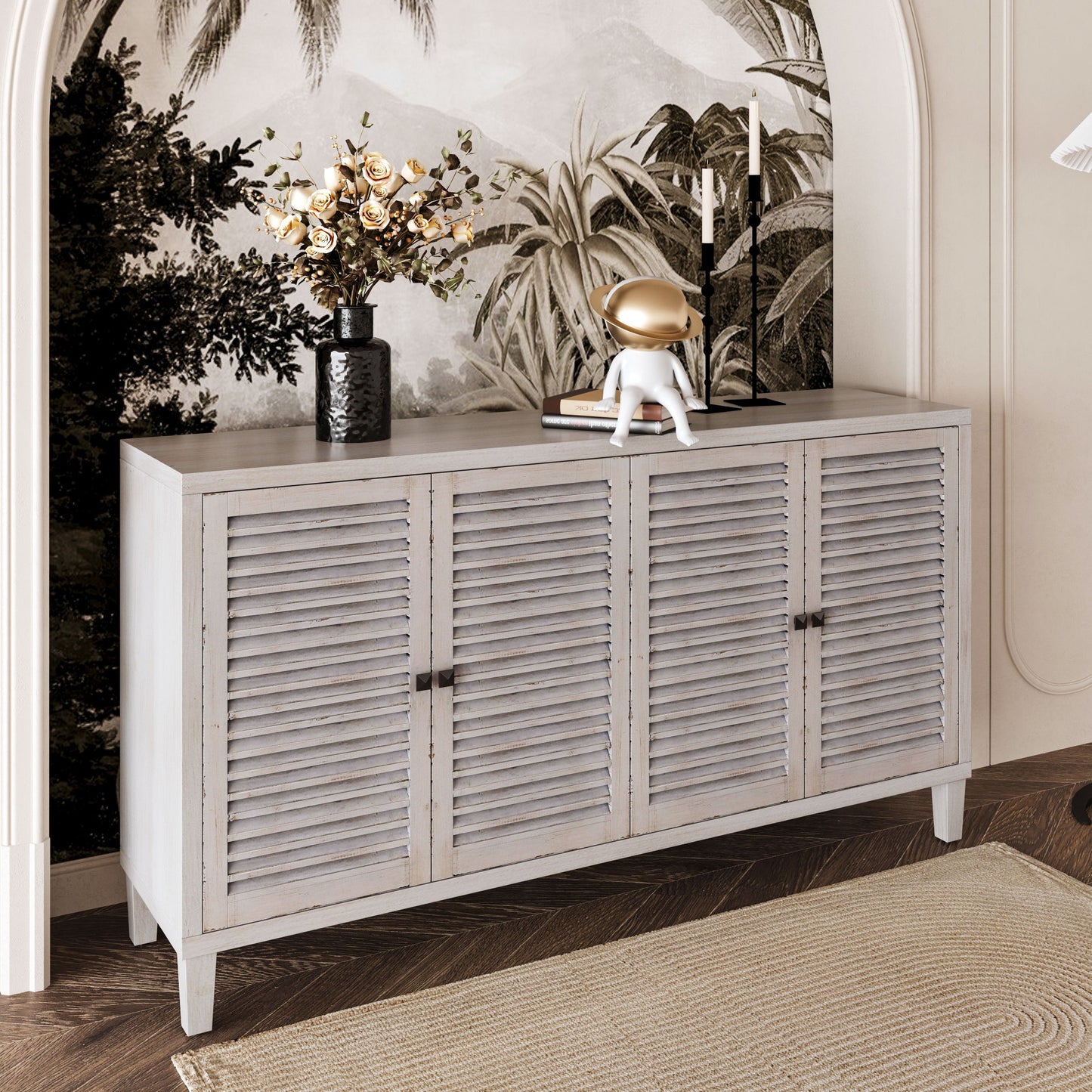 Accent Cabinet 4 Shutter Door Wooden Cabinet Sideboard Buffet Server Cabinet Storage Cabinet, For Living Room, Entryway, Hallway, Office, Kitchen And Dining Room - Distressed White