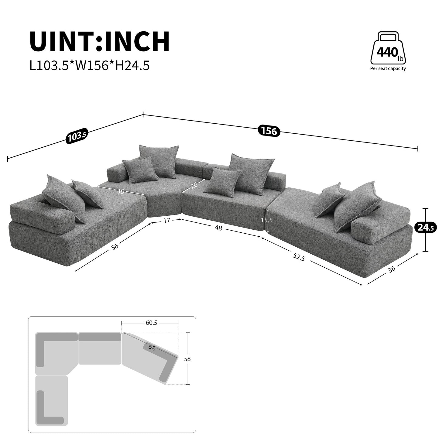 Oversized Modular Sectional Sofa, Luxury Boucle Floor Couch Set, Convertible Sleeper Couch, Spacious Foam-Filled Sofa Bed For Living Room