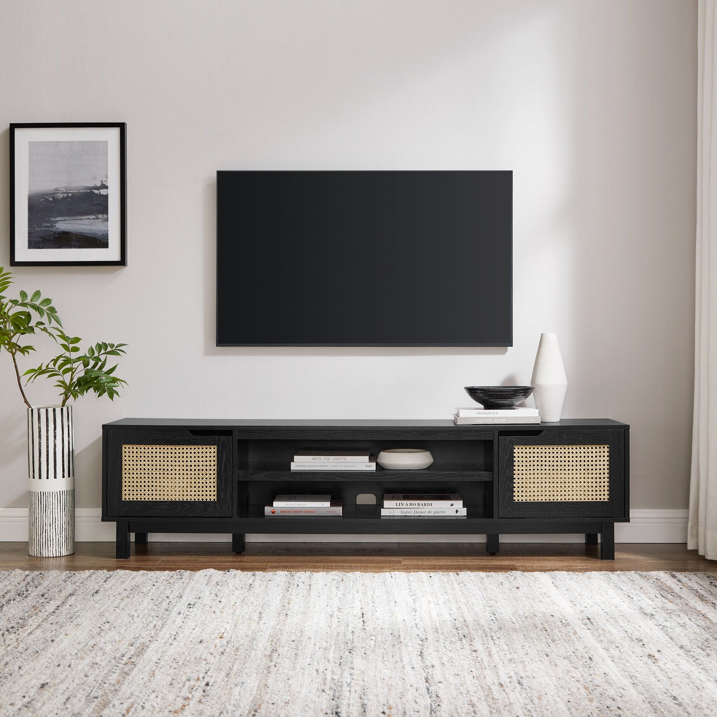 Modern Rattan Door Low TV Stand For TVs Up To 80" - Black