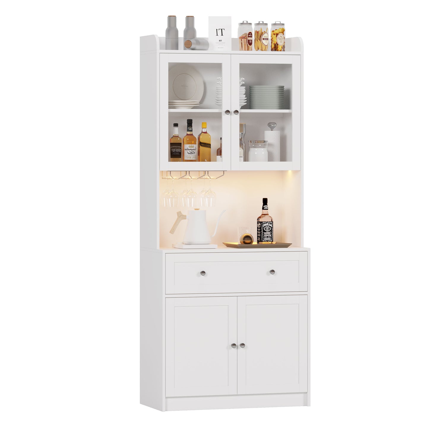 Tall Kitchen Pantry Storage Cabinet With Lights And Charging Station, Modern Kitchen Hutch Bar Cabinet With Microwave Stand, Wood Buffet Sideboard With 1 Drawer For Kitchen, Dining Room - White