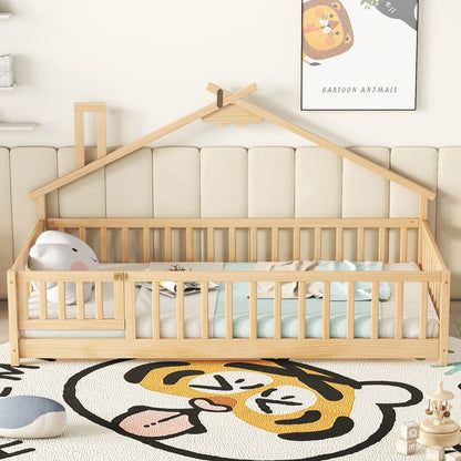 House-Shaped Bedside Floor Bed With Guardrails, Slats, With Door