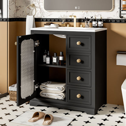 Bathroom Vanity With A Soft Close Glass Door, Adjustable Shelves, And Three Drawers