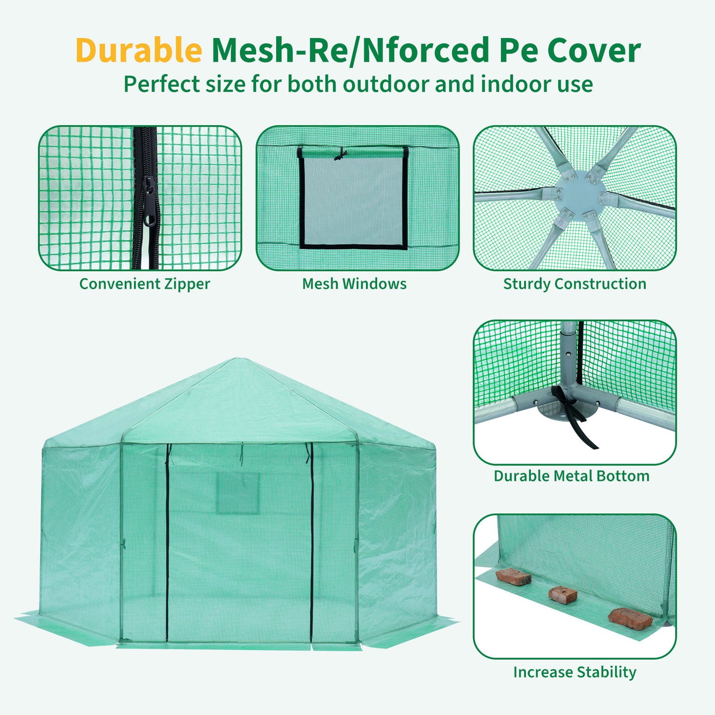 Walk-in Greenhouse Hexagonal Upgrade Reinforced Frame Heavy Duty Plastic Greenhouse Reinforced Thickened Waterproof Insulation (13.1*8.6 ft) - Green