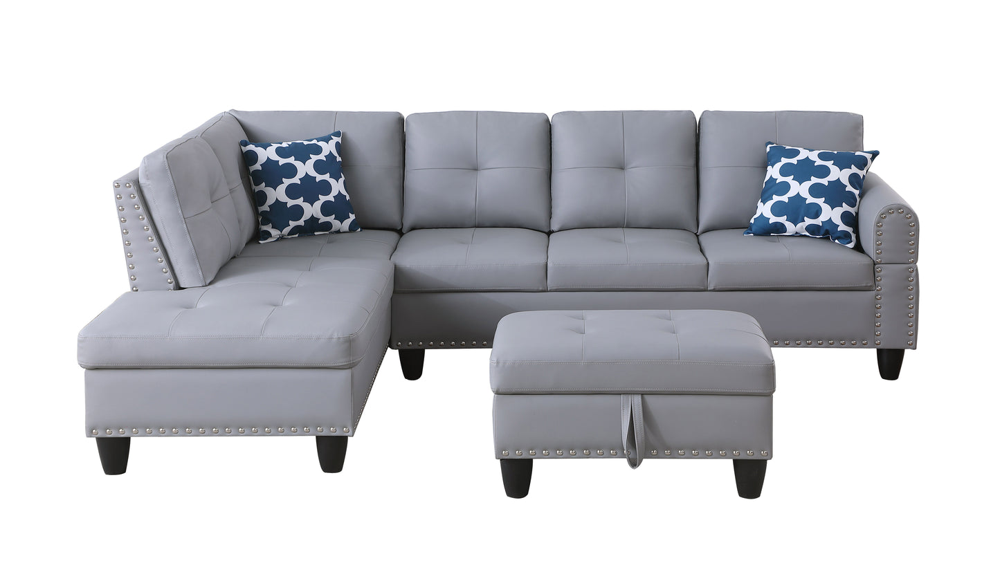 Irine - Faux Leather Sectional Sofa With Ottoman - Gray