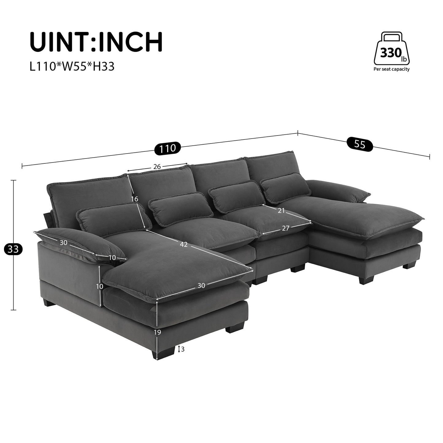 Modern U-Shaped Sectional Sofa With Waist Pillows, 6 Seat Upholstered Symmetrical Sofa Furniture, Sleeper Sofa Couch With Chaise Lounge For Living Room