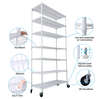 7 Tier Metal Shelf Wire Shelving Unit, 2450Lbs Heavy Duty Adjustable Storage Rack With Wheels & Shelf Liners For Closet Kitchen Garage Basement Commercial Shelving