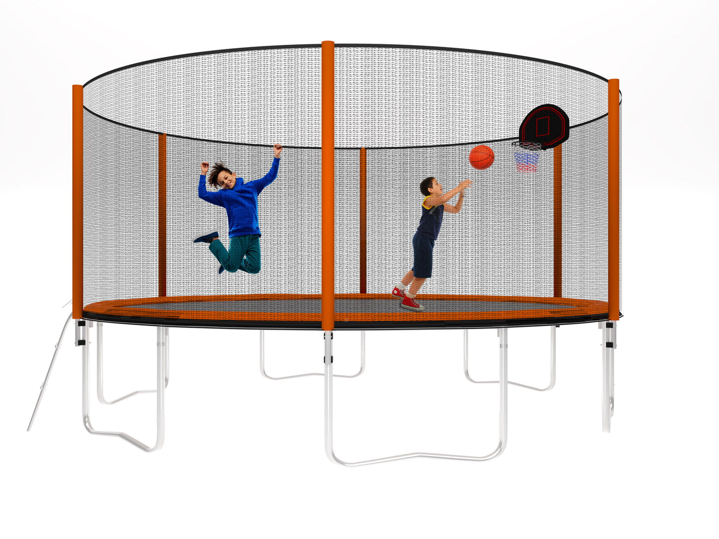 14Ft Powder-Coated Advanced Trampoline With Basketball Hoop Inflator And Ladder (Outer Safety Enclosure) - Orange