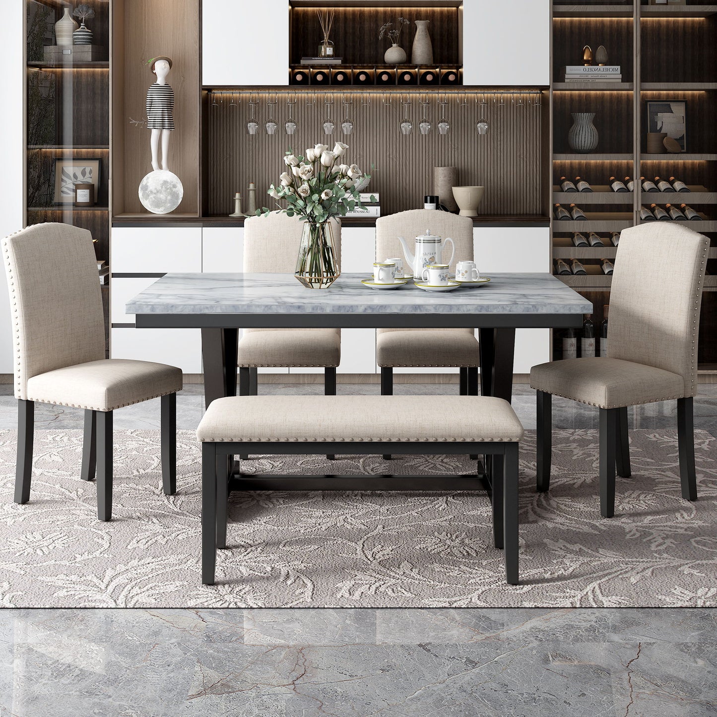 6 Piece Dining Table Modern Style With 4 Chairs & 1 Bench, Table With Marbled Veneers Tabletop And V-Shaped Table Legs - White