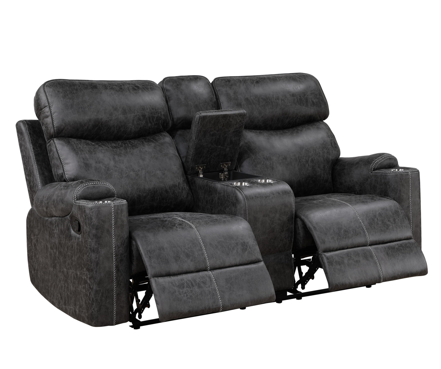 Hirah - Microfiber Manual Recliner Loveseat With Cupholder Function And Built-In USB Port - Dark Gray