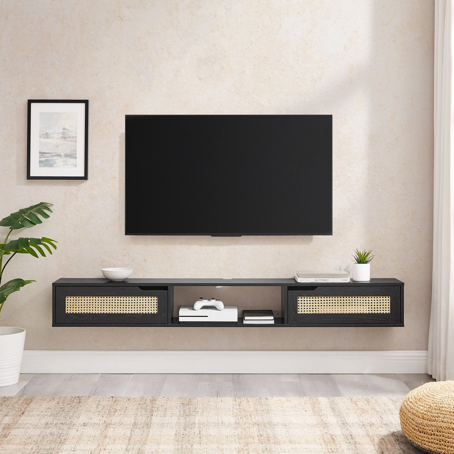 Modern Rattan Door Floating TV Stand For TVs Up To 80"