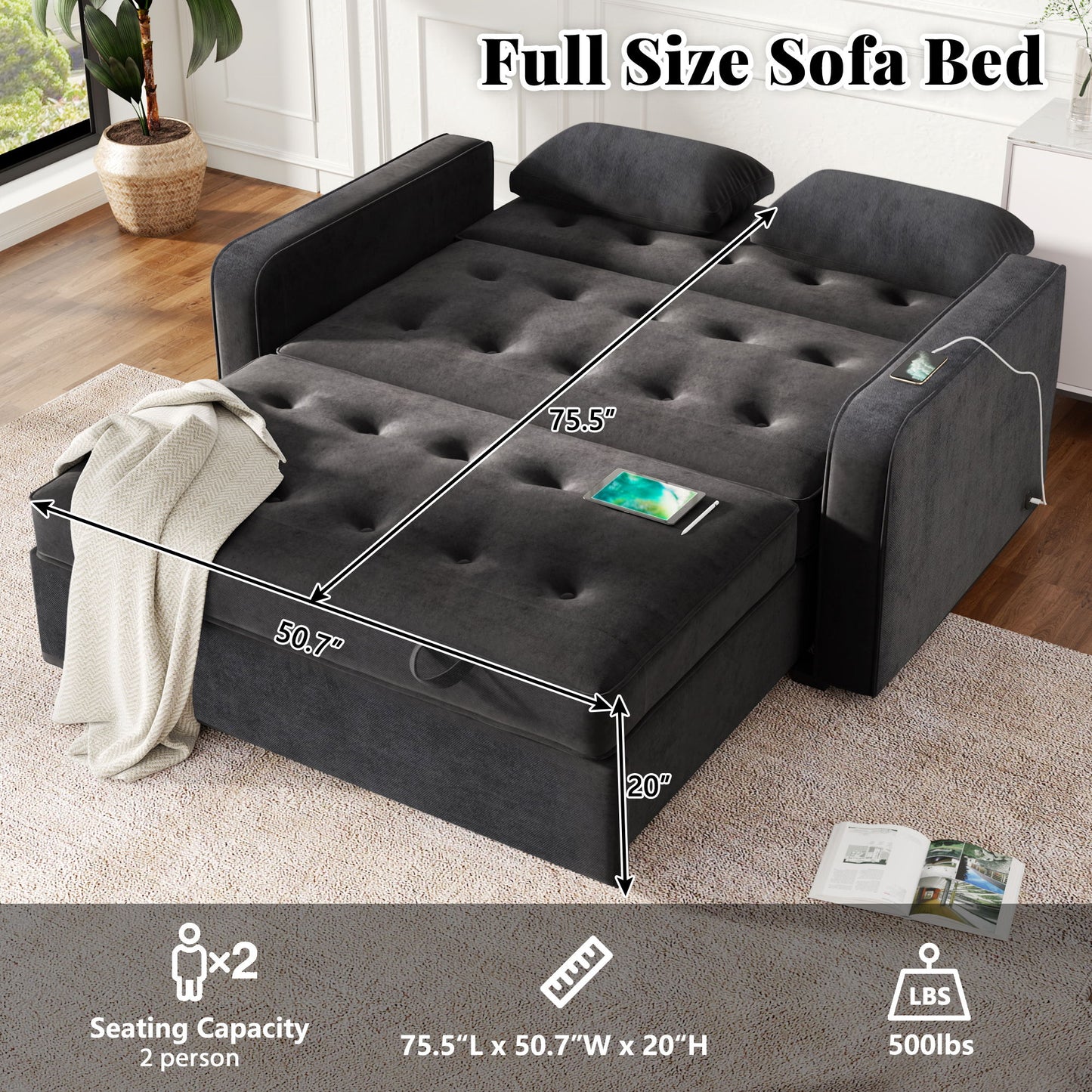 Upholstered Sleeper Bed, Pull Out Sofa Bed Couch Attached Two Throw Pillows, Dual USB Charging Port And Adjustable Backrest For Living Room Space