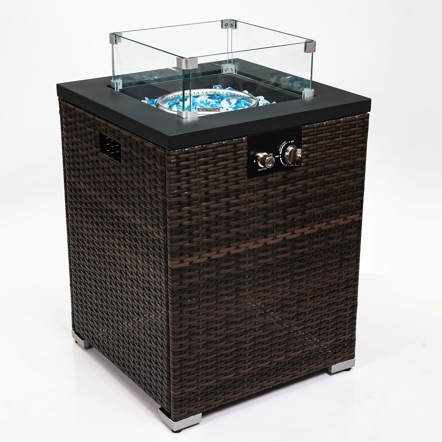 Wicker Fire Pit Column With Glass Wind Guard - Dark Brown