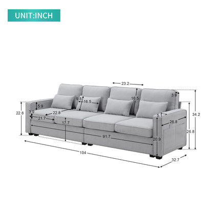 4 Seater Modern Linen Sofa With Armrest Pockets And 4 Pillows, Minimalist Style Couch For Living Room