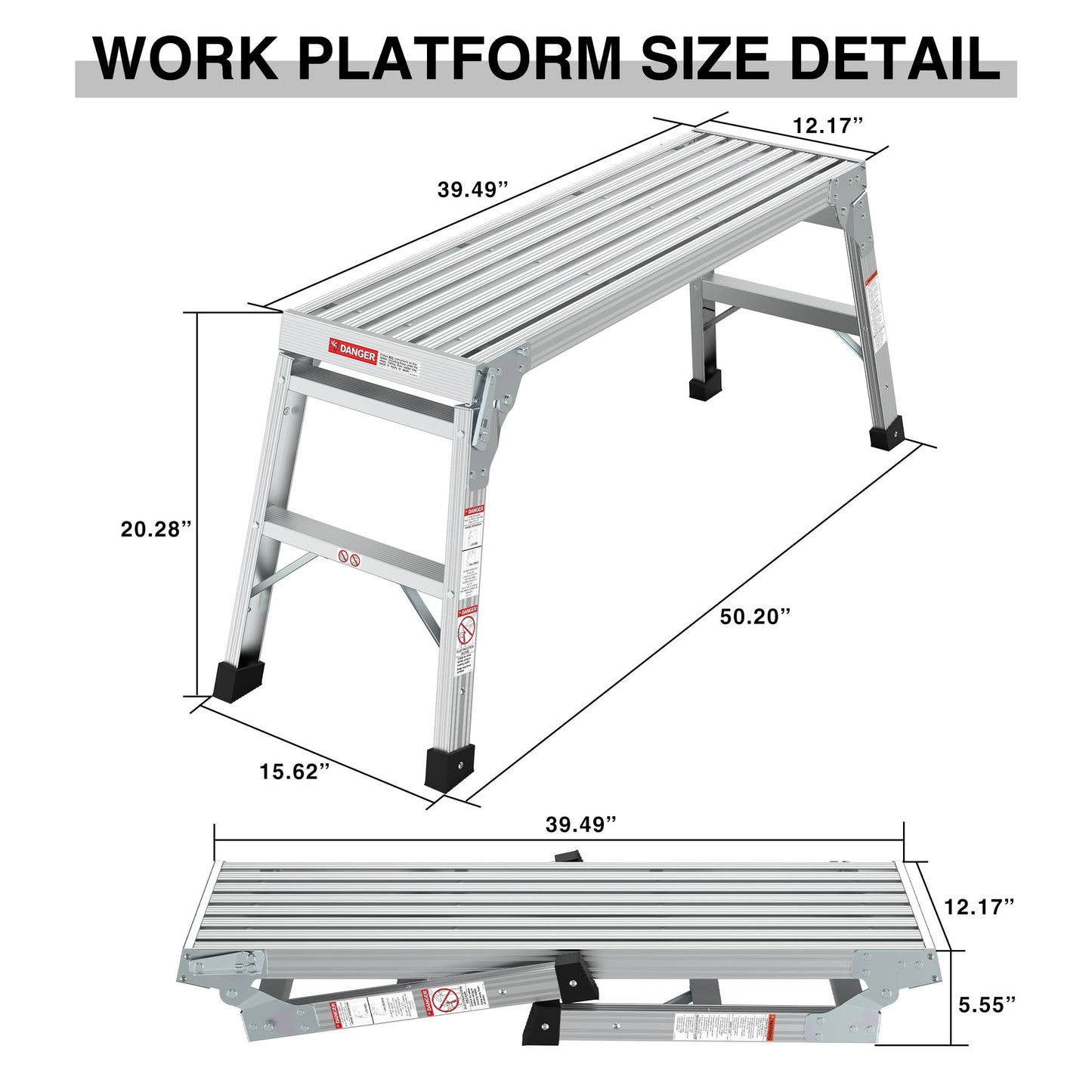 Work Platform Aluminum Portable Bench Folding Ladder Ansi Capacity 225 Lbs 40" - Gray