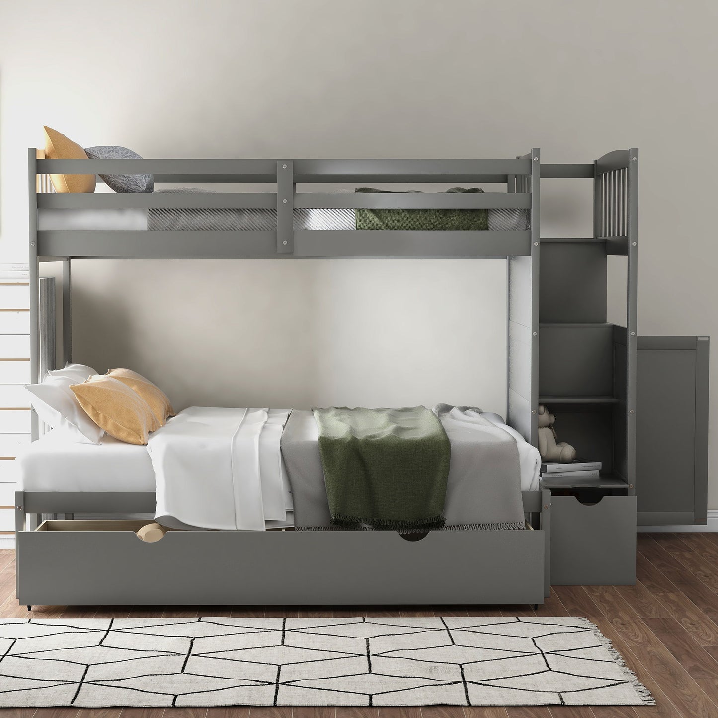 Bunk Bed, Convertible Bottom Bed, Storage Shelves And Drawers