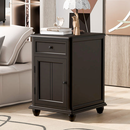 End Table With Solid Wood Legs, Side Table With USB Ports, 1 Storage Cabinet And 1 Drawer For Living Room